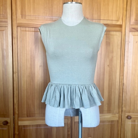 NWT Express Small Green Cap Sleeve Peplum Blouse Shirt Linen Rayon Blend - Picture 3 of 9